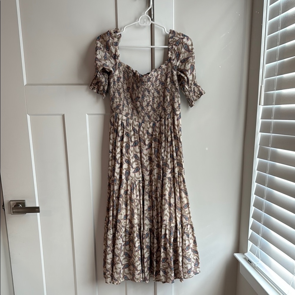 Elan Tan and Brown Smocked Puff Sleeve Midi Dress